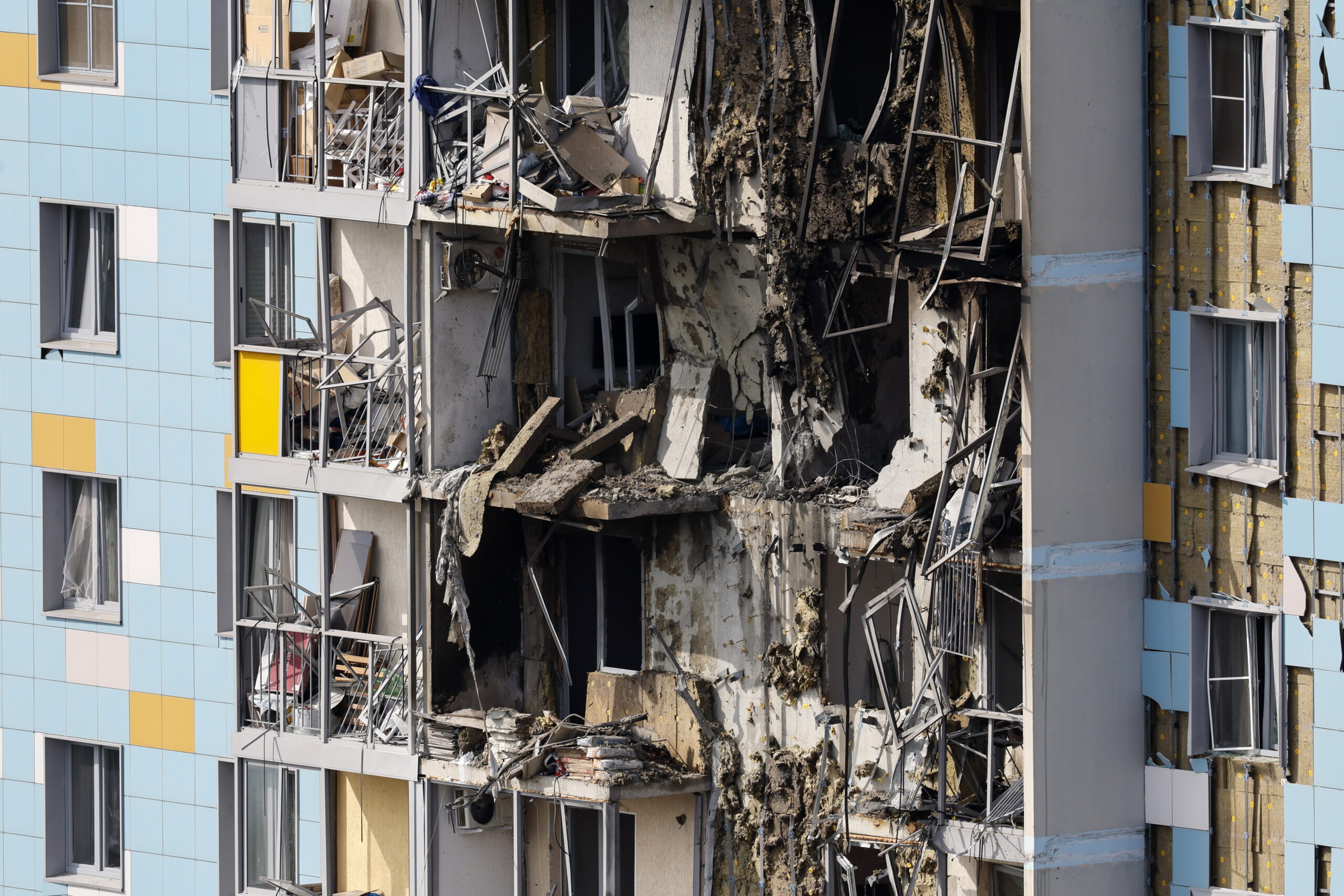 A view of a damaged apartment building following an alleged Ukrainian drone attack in Ramenskoye, Moscow region, Russia, 10 September 2024. A 46-year-old woman died in an overnight drone attack on Ramenskoye outside Moscow, the Moscow region's Governor Andrey Vorobyov said.